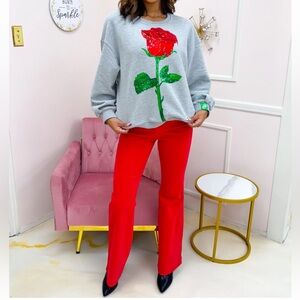 Queen Of Sparkles Heather Grey‎ velvet Sequins Mega Rose Oversized Sweatshirt